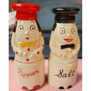 Vintage NANCO Ceramic Chefs Salt & Pepper Noisemaker Shakers 4.5" JAPAN KITSCH !